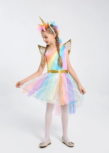 Rainbow unicorn tutu dress detail with gold wings and sequin mesh layers for girls