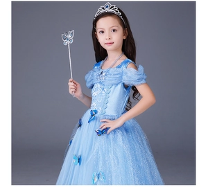 Blue Cinderella princess dress for girls featuring sequins and butterfly appliques