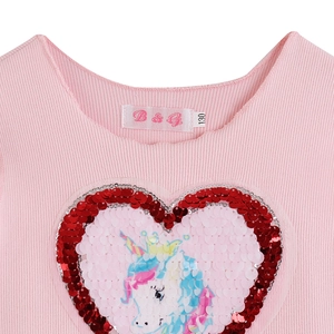 Pink cotton princess dress top with unicorn sequin heart and scalloped neckline