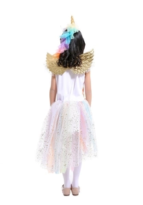 Detail of rainbow tutu skirt with gold wings and unicorn headband for girls costume