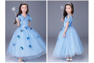 Blue princess dress with multi-layer mesh skirt and colorful butterfly appliques