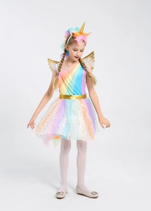 Rainbow unicorn princess costume with gold wings, tulle tutu and matching accessories