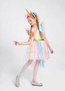 Studio shot of full rainbow unicorn tutu dress with golden wings and floral headband