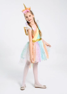 Detailed set of kids unicorn rainbow tutu dress with gold wings and flower headband