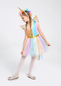 Kids rainbow unicorn dress set with sequin top, layered tutu skirt and golden wings