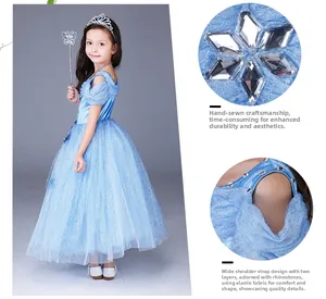 Detail of blue princess dress showing snowflake rhinestones and durable shoulder straps