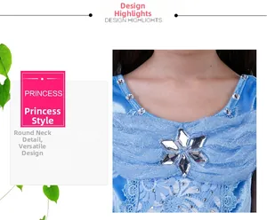 Detail of light blue princess dress featuring round neck and snowflake crystal ornament