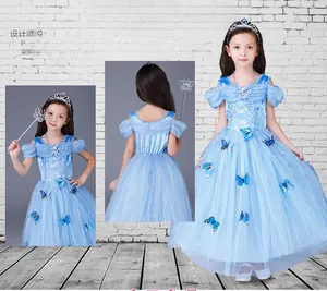 Detailed views of light blue butterfly princess dress with tiara and star wand set