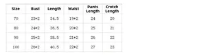 Size chart for girls' knitted short sleeve set including bust and length measurements
