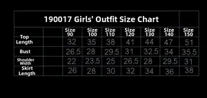 Tableau des tailles détaillé pour ensemble t-shirt fille et jupe en tulle coloré