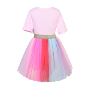 Rosa kurzärmeliges Baumwollkleid mit buntem Tutu-Rock und goldener Pailletten-Taille