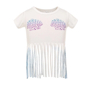 Girls' white short sleeve top with leopard print graphics and blue beaded tassel hem