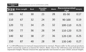 Detailed size chart for girls unicorn Christmas dress showing height and measurements