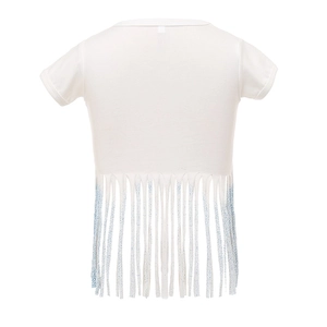 Detail of white girls' T-shirt featuring blue sequined fringe hem and soft fabric texture