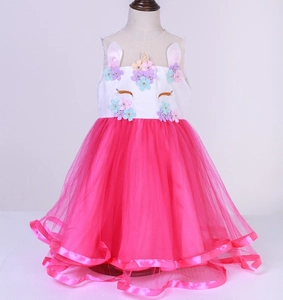Polyester Girls Unicorn Princess Dress White Rose Red Tulle Mesh Sleeveless Party Gown For Christmas Birthday Dress