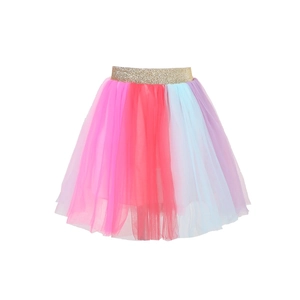 Detail eines bunten Tüllrocks mit glitzerndem Goldbund für Mädchen im Tutu-Stil