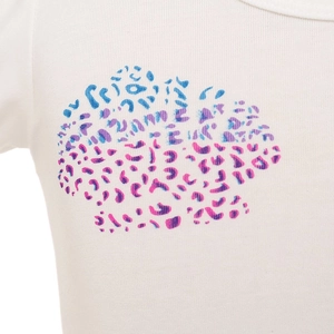Detail of white cotton knit t-shirt featuring a colorful leopard print heart pattern