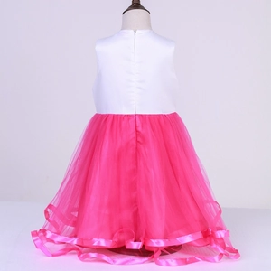 White satin sleeveless girl princess dress with layered fuchsia tulle skirt back view