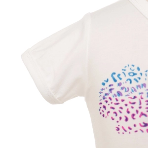 Close-up of white cotton T-shirt featuring colorful leopard print and neat sleeve stitching