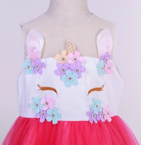 Girl unicorn princess dress with gold embroidery and multi-layer colorful tulle skirt