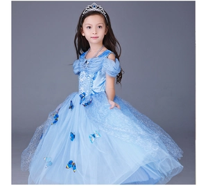 Blue Cinderella princess dress with 3D butterflies, tiara and necklace set for girls
