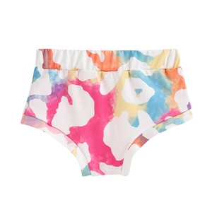 Colorful tie-dye knit shorts for girls featuring elastic waist and vibrant cotton fabric