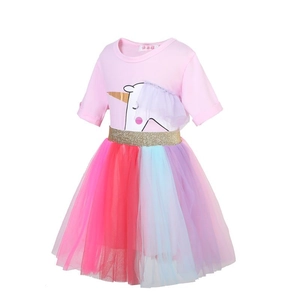Mädchen Kurzarm Baumwolle Rosa Einhorn T-Shirt Und Regenbogen Netz Tutu Rock Set Zweiteilig Prinzessin Outfit Für Party