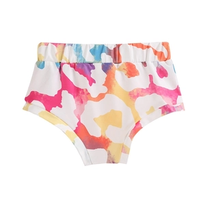 Detailed close-up of girls' high-waisted shorts with vibrant colorful abstract camouflage