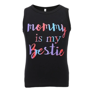 Girls black cotton tank top featuring colorful Mommy is my Bestie print in flat lay