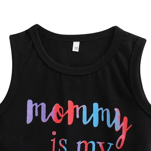 Close-up of black sleeveless kids top with mommy is my colorful graffiti print
