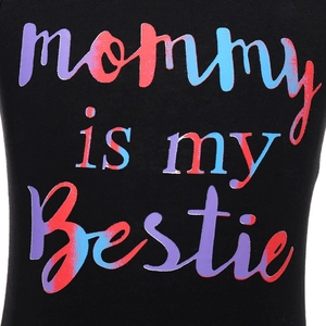 Macro view of Mommy Is My Bestie gradient print on black knitted cotton fabric