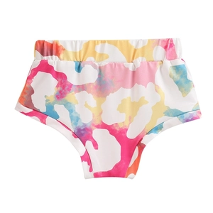 Close-up of girls high-waisted shorts with pink and blue watercolor camo patterns