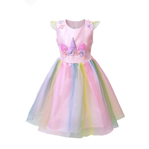 Mädchen Einhorn Regenbogen Tüll Prinzessin Kleid Ärmellos 3D Blume Applikation Party Geburtstag Kleid Für Kinder