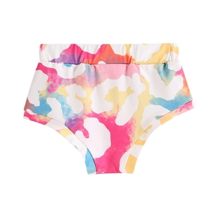 Detail of high-waisted girls' shorts featuring colorful watercolor abstract print patterns