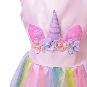 Rosa Einhorn Prinzessin Kleid mit Perlenblumen und Regenbogen-Netzrock für Mädchen