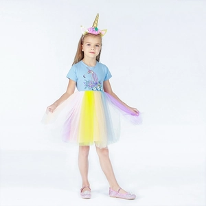 Girls Unicorn Rainbow Mesh Tutu Princess Dress Short Sleeve Cartoon T-Shirt Skirt Costume Birthday Party Outfit