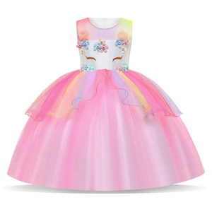 Vestito da Principessa Unicorno per Ragazza in Rete Arcobaleno Senza Maniche Floreale per Festa di Compleanno Spettacolo