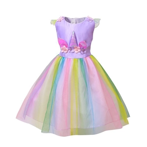 Mädchen Einhorn Regenbogen Prinzessin Kleid mit lila Satin und buntem Tüllrock
