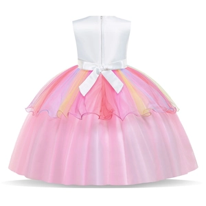 Abito da principessa unicorno rosa per bambine con tulle arcobaleno e fiocco sul retro