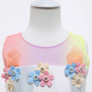 Dettaglio dello scollo dell'abito unicorno con mesh colorata, fiori, perle e cristalli