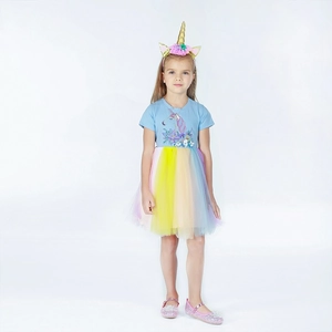 Detailed look at unicorn princess dress with rainbow tulle skirt and sequin headband