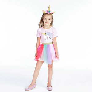 Tenue Jupe Tutu Arc-En-Ciel Licorne Filles Haut Manches Courtes Coton Rose Avec Bandeau Et Chaussures Enfants Princesse Anniversaire