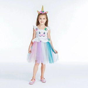 Mädchen Einhorn Prinzessin Kleid Regenbogen Mesh Pailletten Tutu Outfit Mit Blumen Horn Stirnband Für Halloween Geburtstag