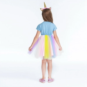 Girl's unicorn dress with light blue cotton top and rainbow layered tulle tutu skirt