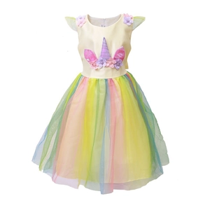 Regenbogen Einhorn Kleid für Mädchen mit Blumenstickerei und pastellfarbenem Tüllrock