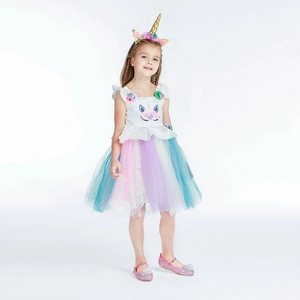 Einhorn Prinzessin Kleid für Mädchen mit Regenbogen Tüllrock und Blumen Haarreif Set