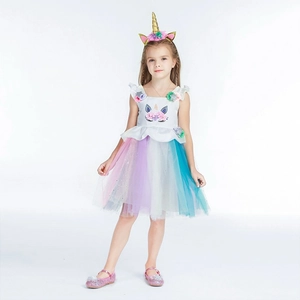 Detailaufnahme von Mädchen Einhorn Prinzessin Kleid mit Regenbogen Tüll und Blumen Stirnband