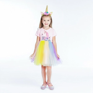 Pink unicorn short sleeve dress with colorful rainbow mesh skirt and matching headband