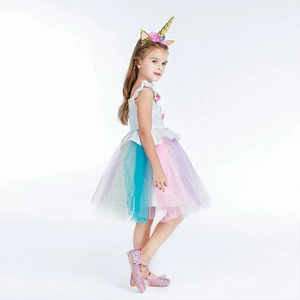 Einhorn Prinzessin Kleid für Mädchen mit Regenbogen Tüllrock und Blumen Stirnband Set
