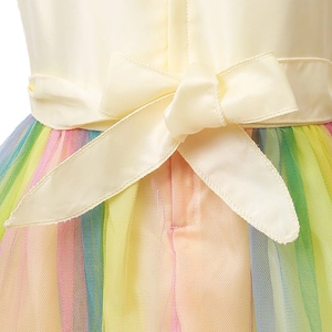 Detailansicht des Regenbogen-Tüllkleids für Mädchen mit gelbem Satinband und Netzstoff